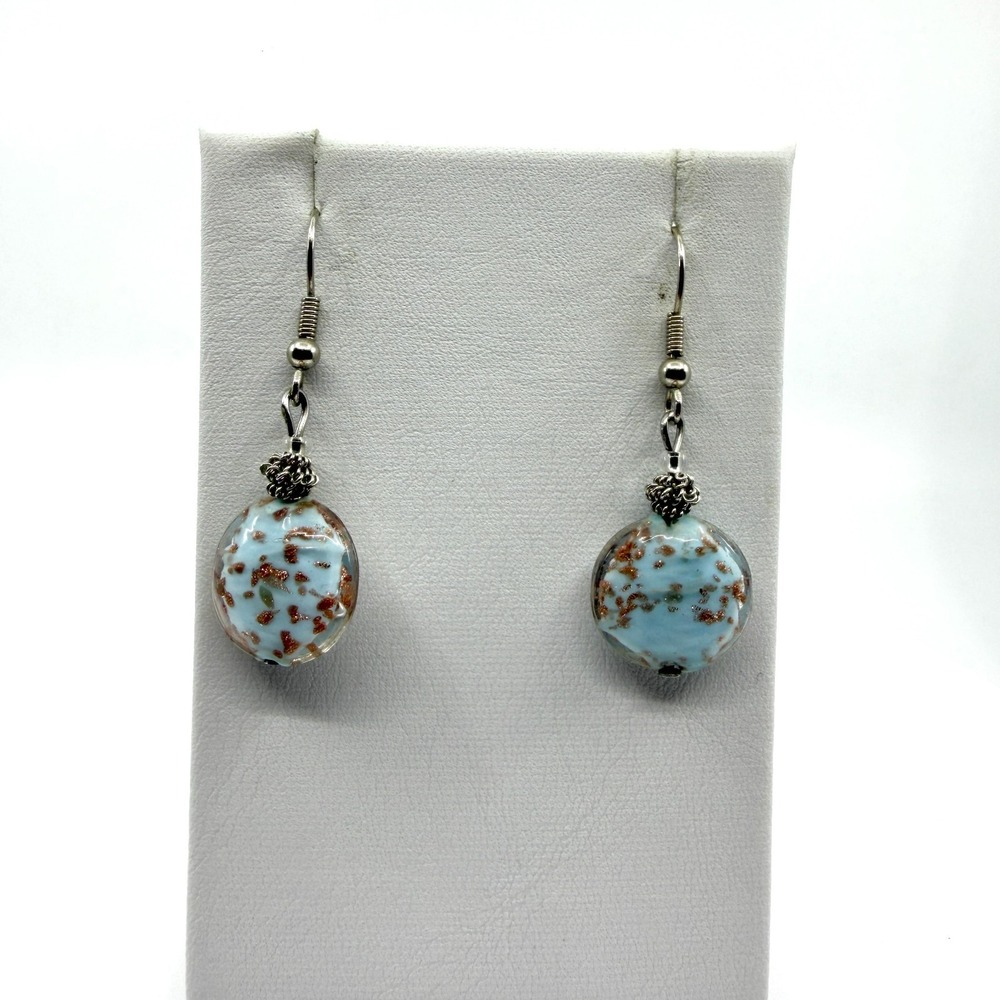 Blue Speckled Glass Dangle Earrings Boho Style Minimalist Jewelry Gift Idea